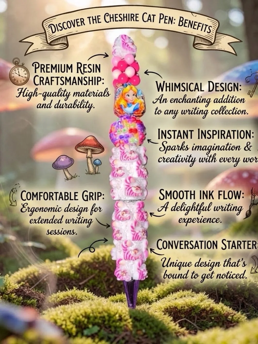 Down the Rabbit Hole Alice & Cheshire Cat Beaded Pen | Whimsical Wonderland